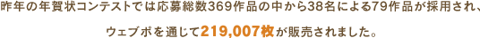 昨年の年賀状コンテストでは応募総数369作品の中から38名による79作品が採用され、ウェブポを通じて219,007枚が販売されました。