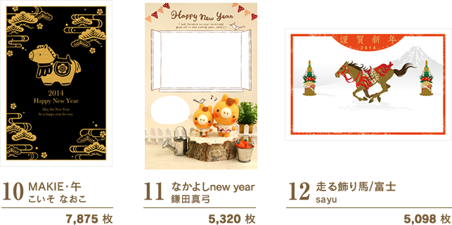 10:MAKIE・午/こいそ なおこ/7,875 枚 11:なかよしnew year/鎌田真弓/5,320 枚 12:走る飾り馬/富士/sayu5,098 枚