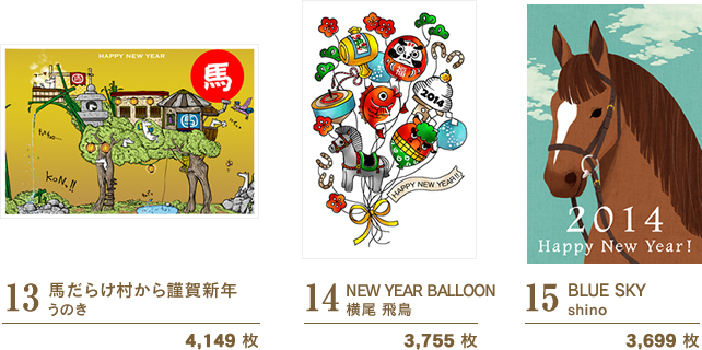 13:馬だらけ村から謹賀新年/うのき/4,149 枚 14:NEW YEAR BALLOON/横尾 飛鳥/3,755 枚 15:BLUE SKY/shino/3,699 枚